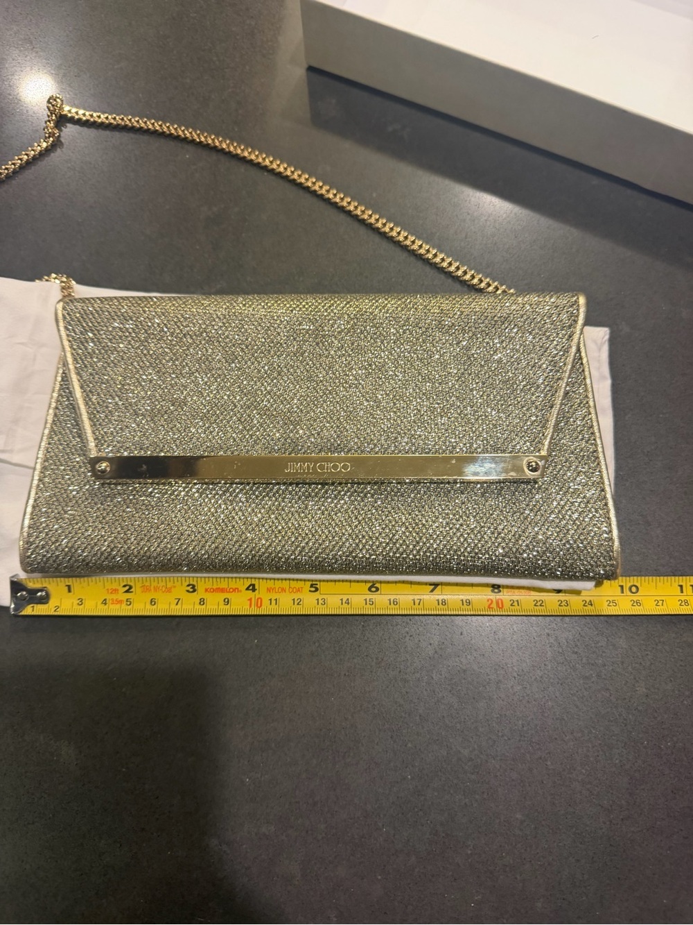 Jimmy Choo Metallic Gold Glitter Envelope Clutch with Chain